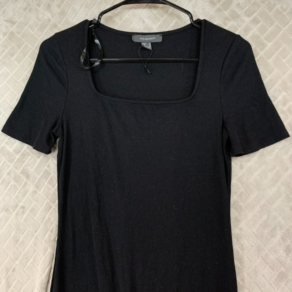 Primark Womens 10 Dress Black Ribbed Long Midi Short Sleeve Square Neck Body Con - Picture 2 of 15